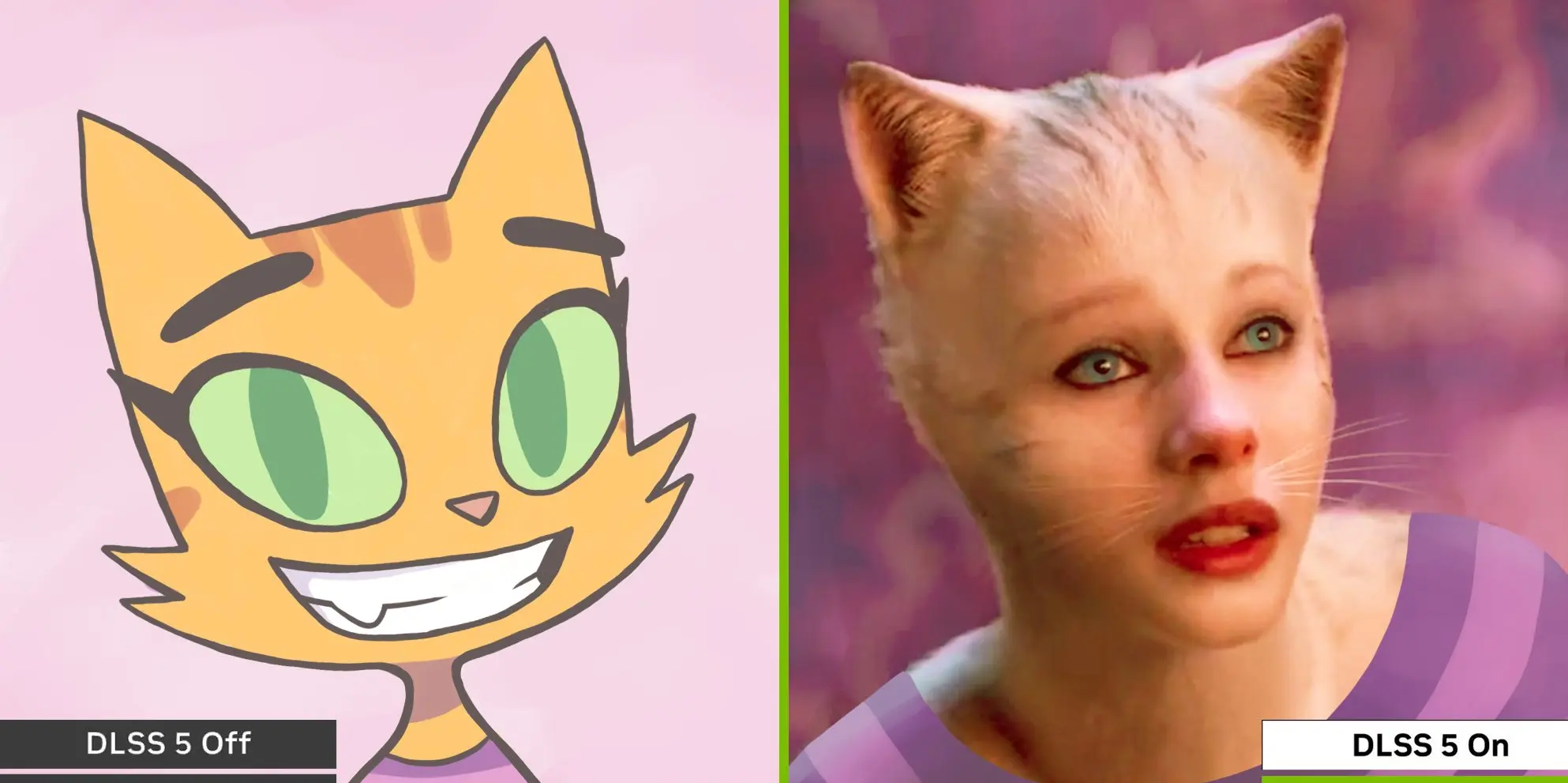 DLSS 5 meme — cartoon cat to realistic Cats movie style NVIDIA meme