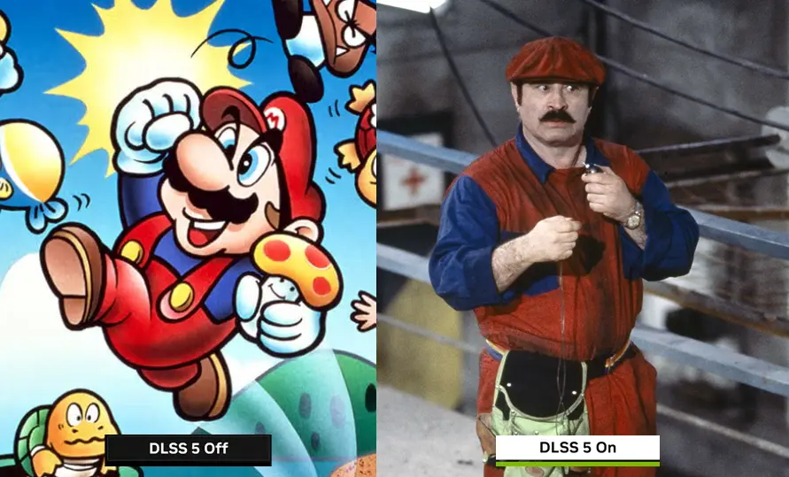 DLSS 5 meme — Super Mario pixel to realistic plumber NVIDIA RTX ON