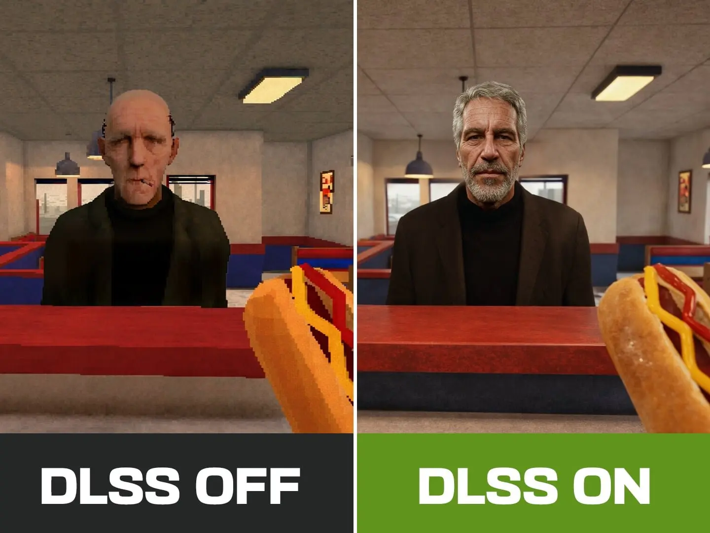 DLSS OFF vs ON meme — low-poly game diner scene to photorealistic NVIDIA