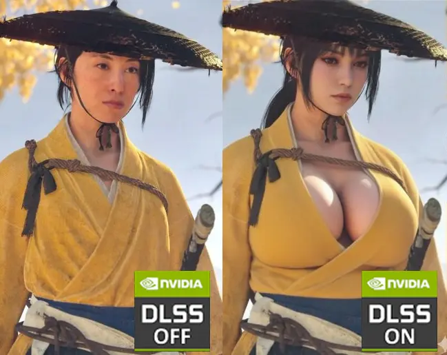 NVIDIA DLSS OFF ON meme — game character enhanced with Neural Yassify