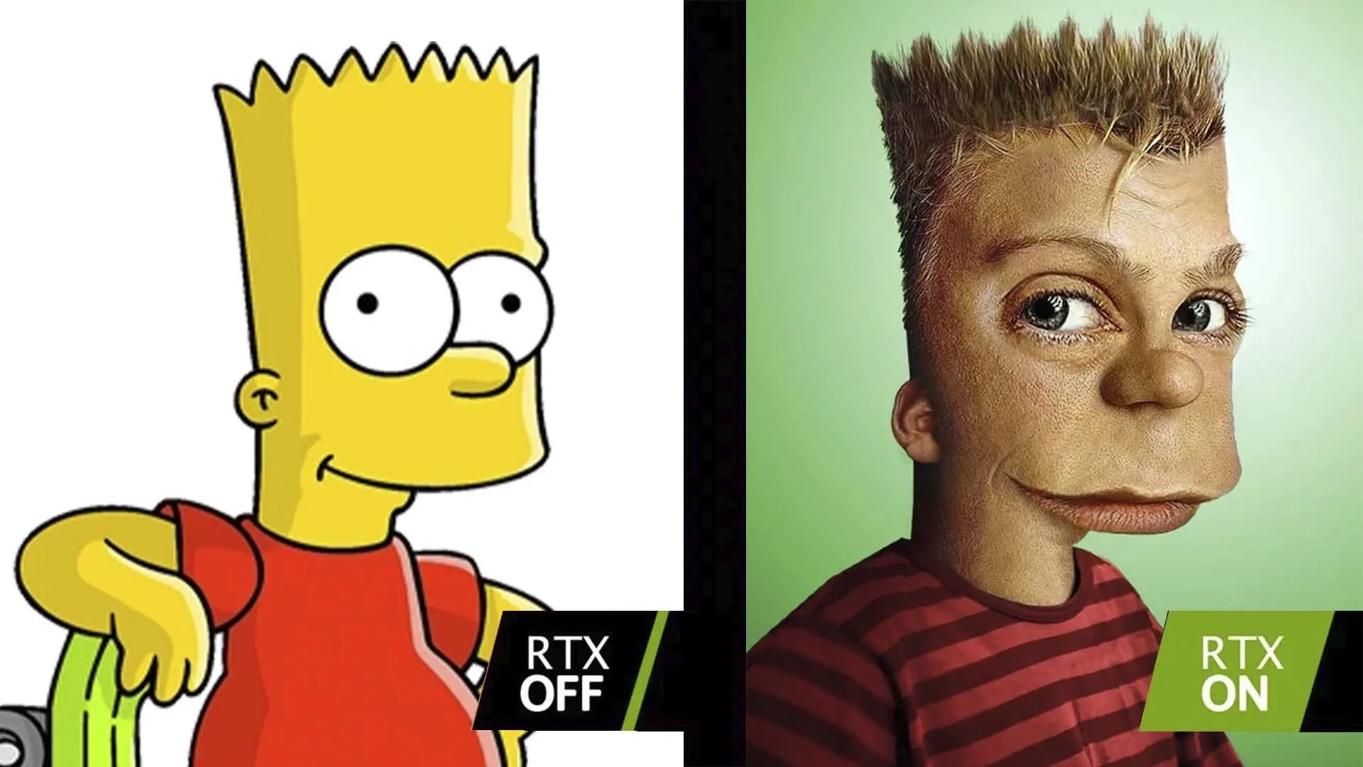 NVIDIA RTX ON OFF meme — Bart Simpson cartoon to realistic DLSS 5