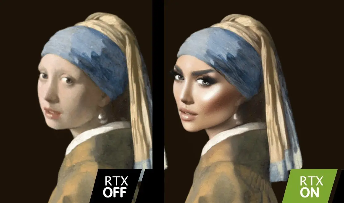 NVIDIA RTX OFF ON meme — Girl with a Pearl Earring painting yassified DLSS 5