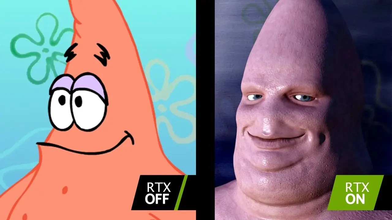 NVIDIA RTX ON meme — Patrick Star SpongeBob realistic DLSS 5 transformation